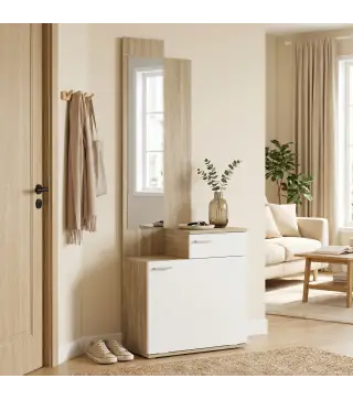 Recibidor de Entrada con Espejo Zapatero Abatible Asiento Cajón Mesa Pequeña 61x30x170 cm Blanco