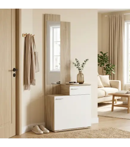 Recibidor de Entrada con Espejo Zapatero Abatible Asiento Cajón Mesa Pequeña 61x30x170 cm Blanco
