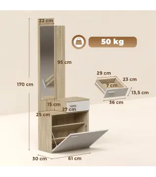 Recibidor de Entrada con Espejo Zapatero Abatible Asiento Cajón Mesa Pequeña 61x30x170 cm Blanco