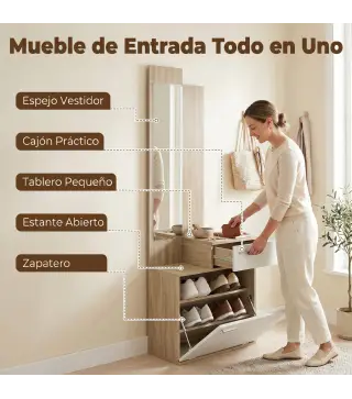 Recibidor de Entrada con Espejo Zapatero Abatible Asiento Cajón Mesa Pequeña 61x30x170 cm Blanco