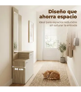 Recibidor de Entrada con Espejo Zapatero Abatible Asiento Cajón Mesa Pequeña 61x30x170 cm Blanco