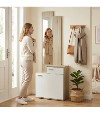 Recibidor de Entrada con Espejo Zapatero Abatible Asiento Cajón Mesa Pequeña 61x30x170 cm Blanco