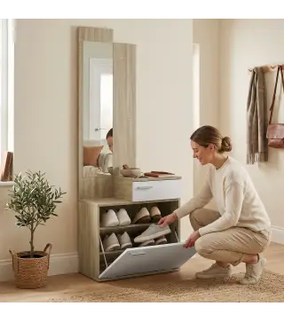 Recibidor de Entrada con Espejo Zapatero Abatible Asiento Cajón Mesa Pequeña 61x30x170 cm Blanco