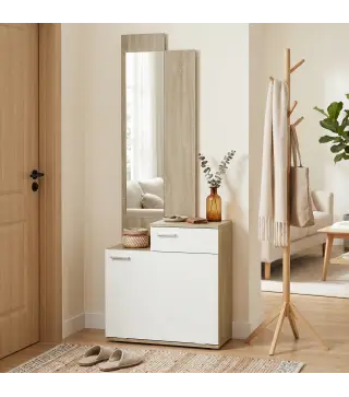 Recibidor de Entrada con Espejo Zapatero Abatible Asiento Cajón Mesa Pequeña 61x30x170 cm Blanco