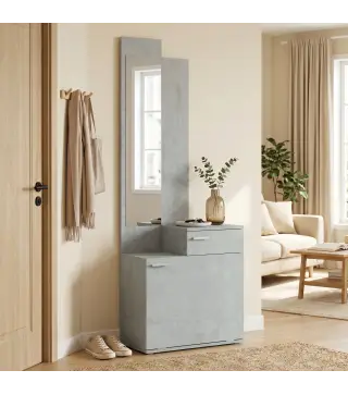 Recibidor de Entrada con Espejo Zapatero Abatible Asiento Cajón Mesa Pequeña 61x30x170 cm Gris