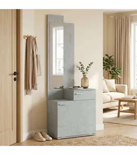 Recibidor de Entrada con Espejo Zapatero Abatible Asiento Cajón Mesa Pequeña 61x30x170 cm Gris