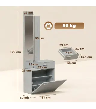 Recibidor de Entrada con Espejo Zapatero Abatible Asiento Cajón Mesa Pequeña 61x30x170 cm Gris