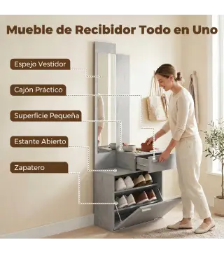 Recibidor de Entrada con Espejo Zapatero Abatible Asiento Cajón Mesa Pequeña 61x30x170 cm Gris