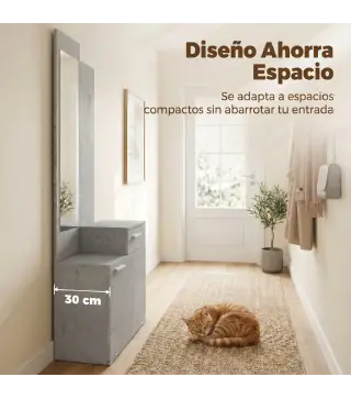 Recibidor de Entrada con Espejo Zapatero Abatible Asiento Cajón Mesa Pequeña 61x30x170 cm Gris