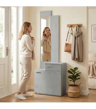 Recibidor de Entrada con Espejo Zapatero Abatible Asiento Cajón Mesa Pequeña 61x30x170 cm Gris
