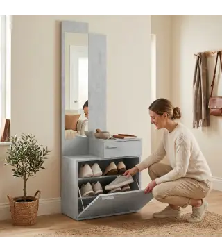 Recibidor de Entrada con Espejo Zapatero Abatible Asiento Cajón Mesa Pequeña 61x30x170 cm Gris