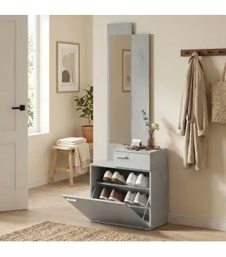 Recibidor de Entrada con Espejo Zapatero Abatible Asiento Cajón Mesa Pequeña 61x30x170 cm Gris