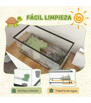 Acuario para Tortugas 50L Terrario de Tortugas Pequeñas con Plataforma Rampa y Termómetro 60x30x32 cm Transparente