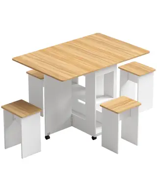 Conjunto Mesa de Comedor Plegable y 4 Taburetes Ocultos 2 Alas Abatibles Ruedas Estantes Roble