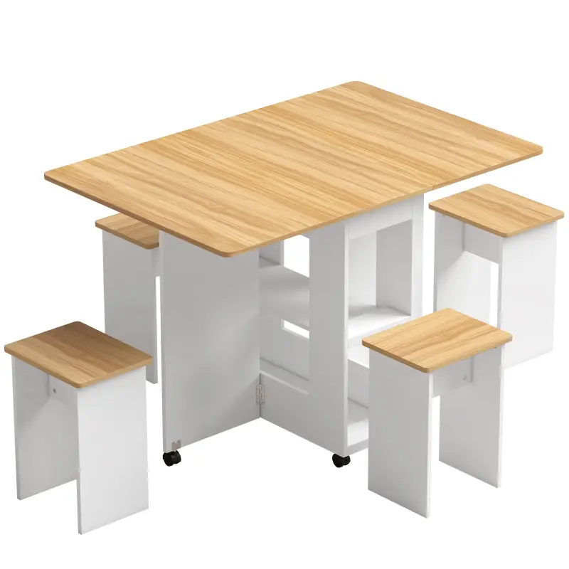 Conjunto Mesa de Comedor Plegable y 4 Taburetes Ocultos 2 Alas Abatibles Ruedas Estantes Roble