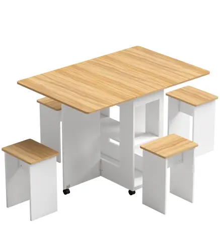Conjunto Mesa de Comedor Plegable y 4 Taburetes Ocultos 2 Alas Abatibles Ruedas Estantes Roble