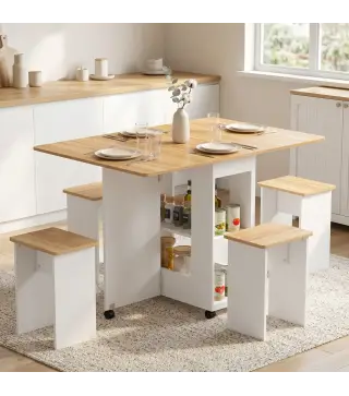 Conjunto Mesa de Comedor Plegable y 4 Taburetes Ocultos 2 Alas Abatibles Ruedas Estantes Roble