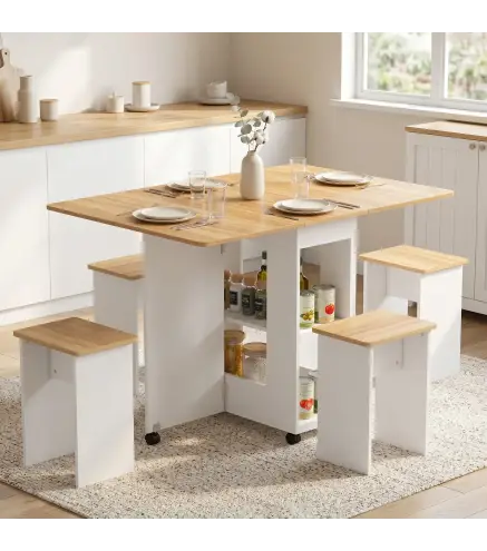 Conjunto Mesa de Comedor Plegable y 4 Taburetes Ocultos 2 Alas Abatibles Ruedas Estantes Roble