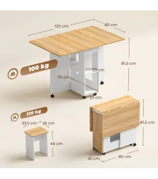 Conjunto Mesa de Comedor Plegable y 4 Taburetes Ocultos 2 Alas Abatibles Ruedas Estantes Roble