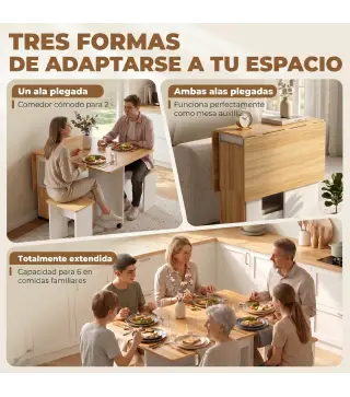 Conjunto Mesa de Comedor Plegable y 4 Taburetes Ocultos 2 Alas Abatibles Ruedas Estantes Roble