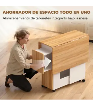 Conjunto Mesa de Comedor Plegable y 4 Taburetes Ocultos 2 Alas Abatibles Ruedas Estantes Roble