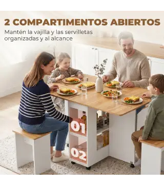 Conjunto Mesa de Comedor Plegable y 4 Taburetes Ocultos 2 Alas Abatibles Ruedas Estantes Roble