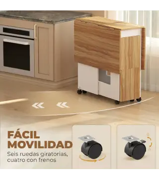 Conjunto Mesa de Comedor Plegable y 4 Taburetes Ocultos 2 Alas Abatibles Ruedas Estantes Roble