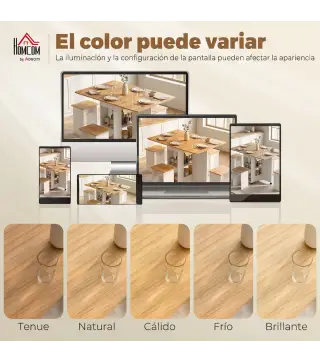 Conjunto Mesa de Comedor Plegable y 4 Taburetes Ocultos 2 Alas Abatibles Ruedas Estantes Roble