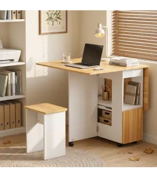 Conjunto Mesa de Comedor Plegable y 4 Taburetes Ocultos 2 Alas Abatibles Ruedas Estantes Roble