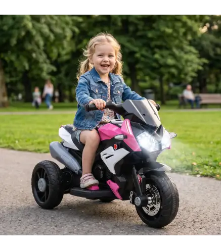 Moto Eléctrica para Niños con 3 Ruedas Pedal Faro LED Música y Bocina para Niños de 3 a 5 Años Rosa