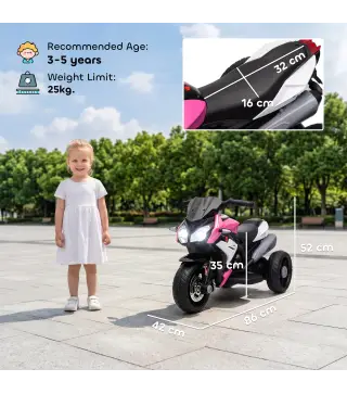 Moto Eléctrica para Niños con 3 Ruedas Pedal Faro LED Música y Bocina para Niños de 3 a 5 Años Rosa
