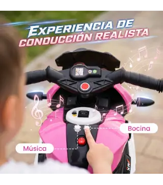 Moto Eléctrica para Niños con 3 Ruedas Pedal Faro LED Música y Bocina para Niños de 3 a 5 Años Rosa
