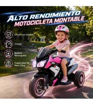 Moto Eléctrica para Niños con 3 Ruedas Pedal Faro LED Música y Bocina para Niños de 3 a 5 Años Rosa