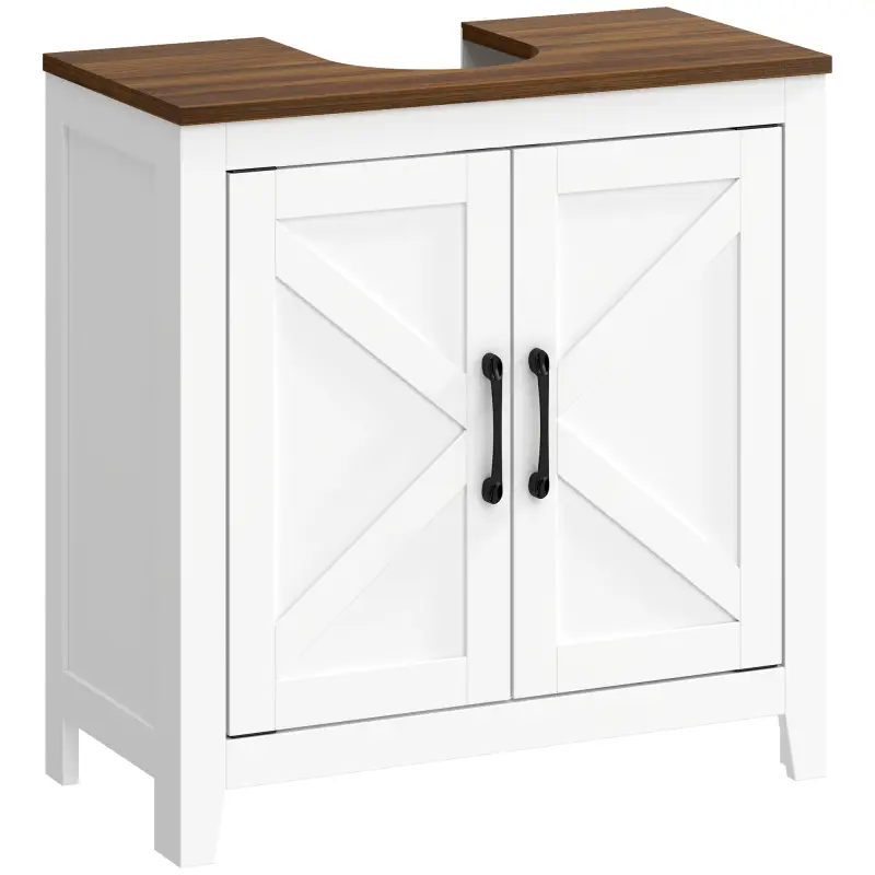 Mueble de Baño Bajo Lavabo Estilo Rústico con Estante Ajustable y 2 Puertas Tipo Granero Blanco