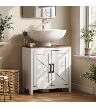 Mueble de Baño Bajo Lavabo Estilo Rústico con Estante Ajustable y 2 Puertas Tipo Granero Blanco