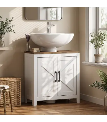 Mueble de Baño Bajo Lavabo Estilo Rústico con Estante Ajustable y 2 Puertas Tipo Granero Blanco