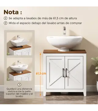 Mueble de Baño Bajo Lavabo Estilo Rústico con Estante Ajustable y 2 Puertas Tipo Granero Blanco