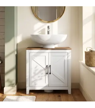 Mueble de Baño Bajo Lavabo Estilo Rústico con Estante Ajustable y 2 Puertas Tipo Granero Blanco