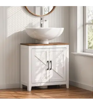 Mueble de Baño Bajo Lavabo Estilo Rústico con Estante Ajustable y 2 Puertas Tipo Granero Blanco