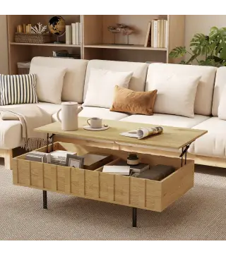 Mesa de Centro Elevable Mesa de Café para Salón con 2 Compartimentos Ocultos Patas de Metal 110x55x36,5 cm Roble