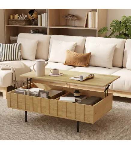 Mesa de Centro Elevable Mesa de Café para Salón con 2 Compartimentos Ocultos Patas de Metal 110x55x36,5 cm Roble