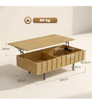 Mesa de Centro Elevable Mesa de Café para Salón con 2 Compartimentos Ocultos Patas de Metal 110x55x36,5 cm Roble