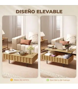 Mesa de Centro Elevable Mesa de Café para Salón con 2 Compartimentos Ocultos Patas de Metal 110x55x36,5 cm Roble