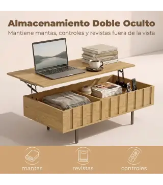 Mesa de Centro Elevable Mesa de Café para Salón con 2 Compartimentos Ocultos Patas de Metal 110x55x36,5 cm Roble