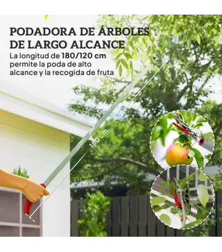 Tijeras de Podar de Jardín 180 cm con Mango de Aluminio Ligero y Resistente Cuchilla Metálica para Poda de Ramas Altas