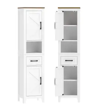 Armario de Baño Alto y Estrecho Rústico con Cajón Estante Abierto Puertas y Estantes Ajustables 34,5x30x148 cm Blanco