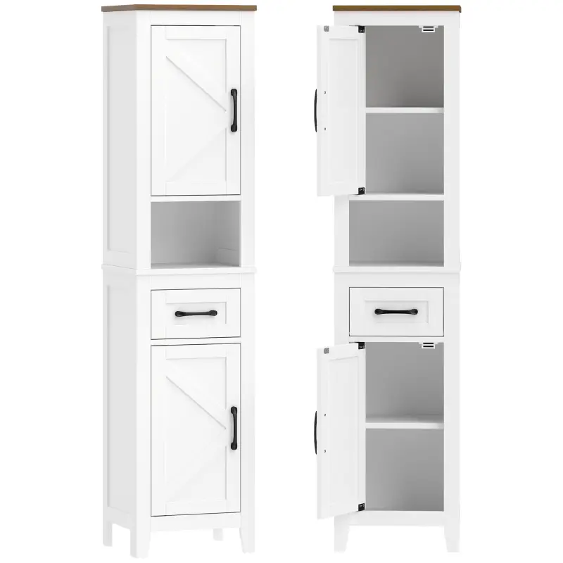Armario de Baño Alto y Estrecho Rústico con Cajón Estante Abierto Puertas y Estantes Ajustables 34,5x30x148 cm Blanco Armario de Baño Alto y Estrecho Rústico con Cajón Estante Abierto Puertas y Estantes Ajustables 34,5x30x148 cm Blanco