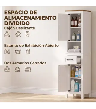 Armario de Baño Alto y Estrecho Rústico con Cajón Estante Abierto Puertas y Estantes Ajustables 34,5x30x148 cm Blanco
