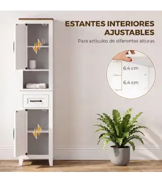 Armario de Baño Alto y Estrecho Rústico con Cajón Estante Abierto Puertas y Estantes Ajustables 34,5x30x148 cm Blanco