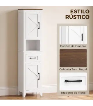 Armario de Baño Alto y Estrecho Rústico con Cajón Estante Abierto Puertas y Estantes Ajustables 34,5x30x148 cm Blanco